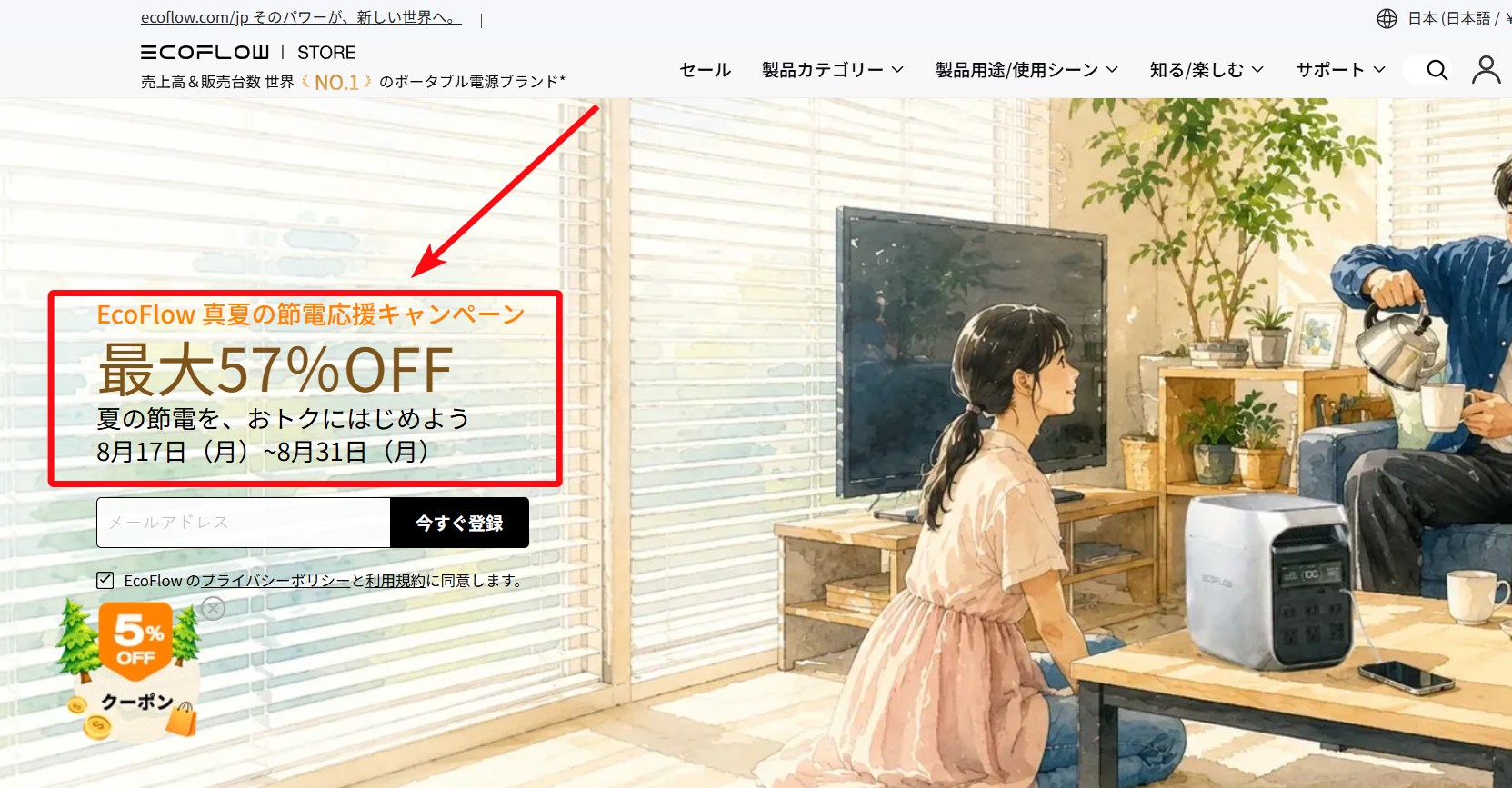【5％クーポンコード掲】エコフロー(EcoFlow)ポータブル 電源のキャンペーン・セールやクーポンコードで最安値で買う方法